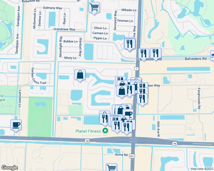 map of restaurants, bars, coffee shops, grocery stores, and more near 109 Tuscany Drive in Royal Palm Beach
