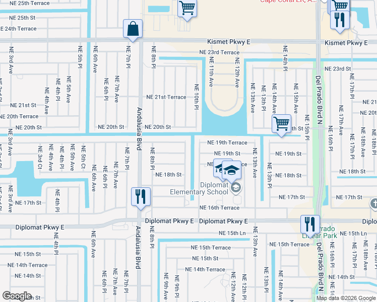 map of restaurants, bars, coffee shops, grocery stores, and more near 1903 Northeast 10th Avenue in Cape Coral