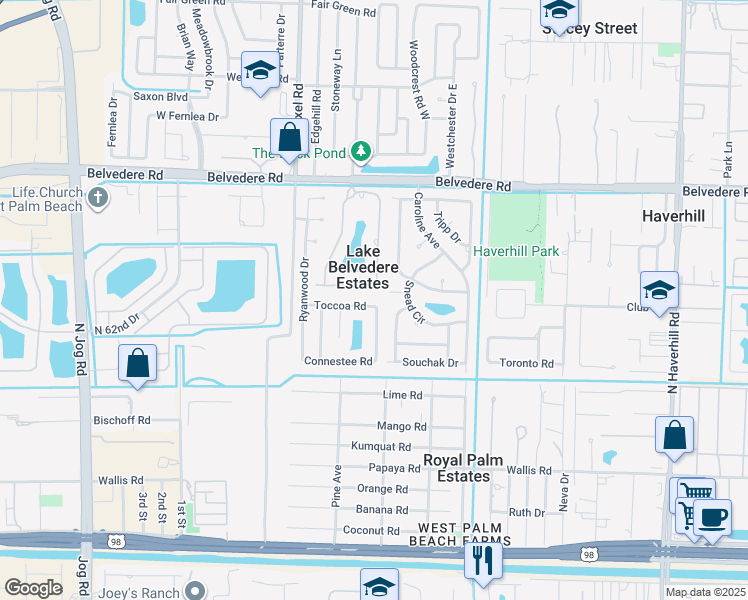 map of restaurants, bars, coffee shops, grocery stores, and more near 591 Toccoa Road in West Palm Beach