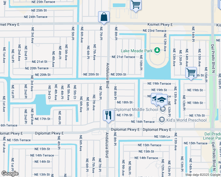 map of restaurants, bars, coffee shops, grocery stores, and more near 1905 Andalusia Boulevard in Cape Coral