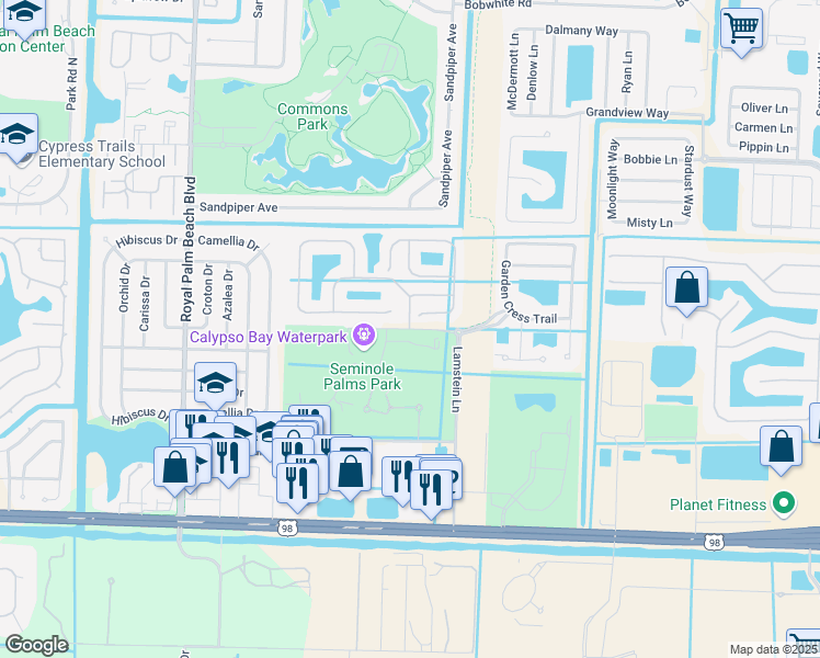 map of restaurants, bars, coffee shops, grocery stores, and more near Seminole Lakes Dr & Lamstein Ln in Royal Palm Beach