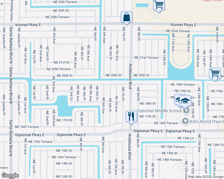 map of restaurants, bars, coffee shops, grocery stores, and more near 1905 Northeast 6th Place in Cape Coral