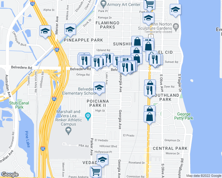 map of restaurants, bars, coffee shops, grocery stores, and more near 722 Omar Road in West Palm Beach