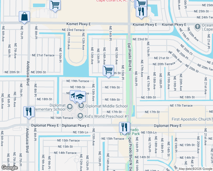 map of restaurants, bars, coffee shops, grocery stores, and more near 1403 Northeast 19th Street in Cape Coral