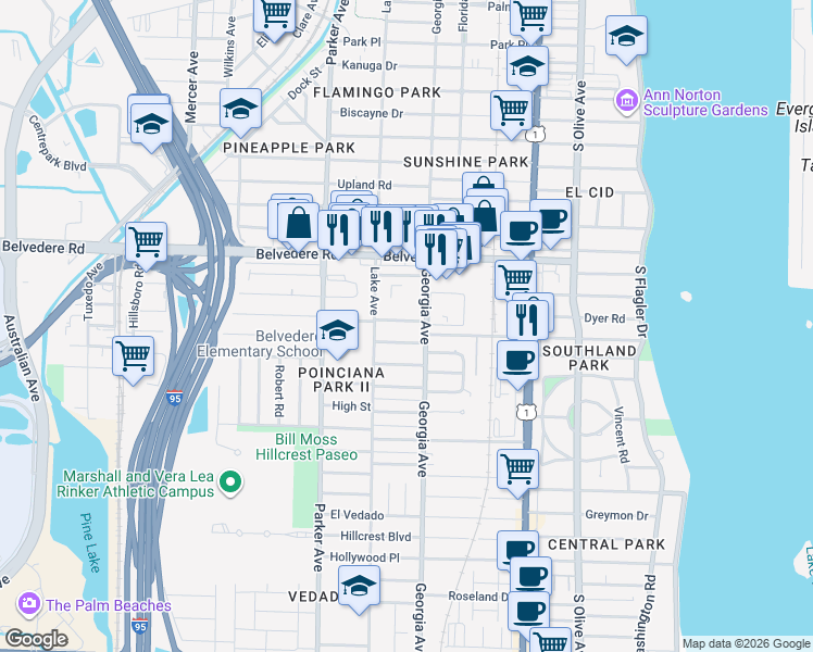 map of restaurants, bars, coffee shops, grocery stores, and more near 722 Omar Road in West Palm Beach