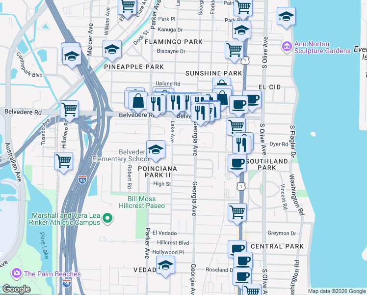map of restaurants, bars, coffee shops, grocery stores, and more near 722 Omar Road in West Palm Beach