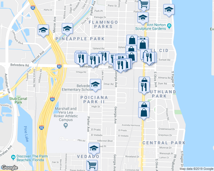 map of restaurants, bars, coffee shops, grocery stores, and more near 722 Omar Road in West Palm Beach