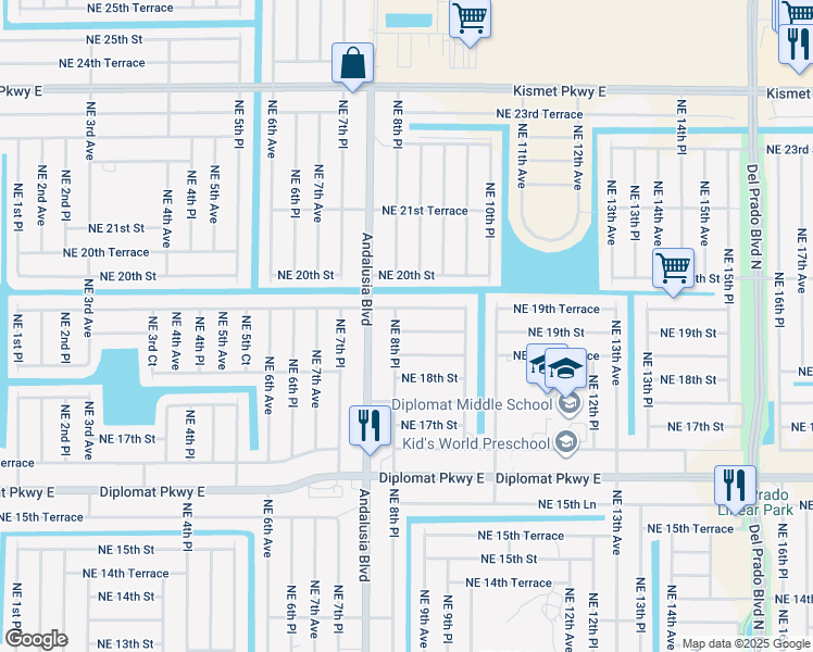 map of restaurants, bars, coffee shops, grocery stores, and more near 823 Northeast 19th Street in Cape Coral