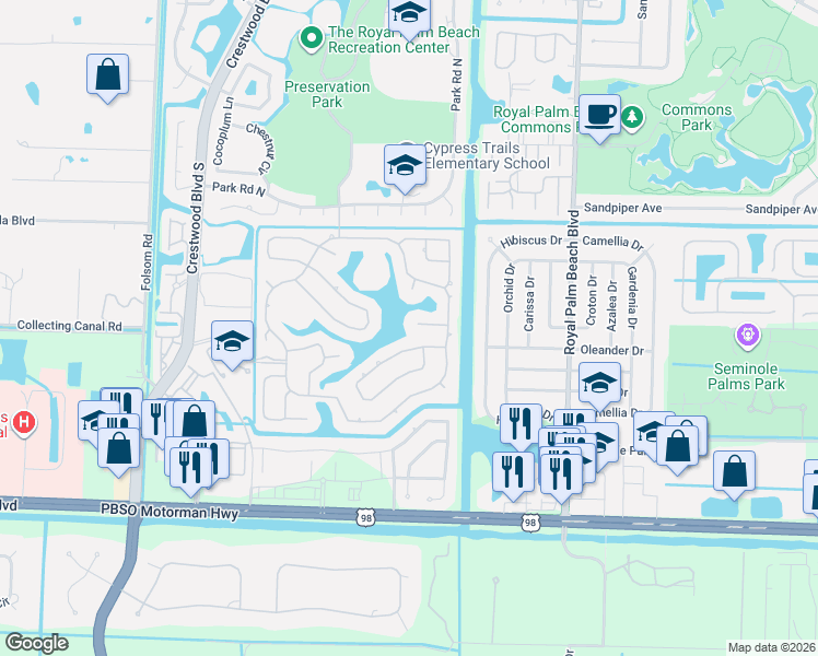 map of restaurants, bars, coffee shops, grocery stores, and more near 111 Jacaranda Court in Royal Palm Beach