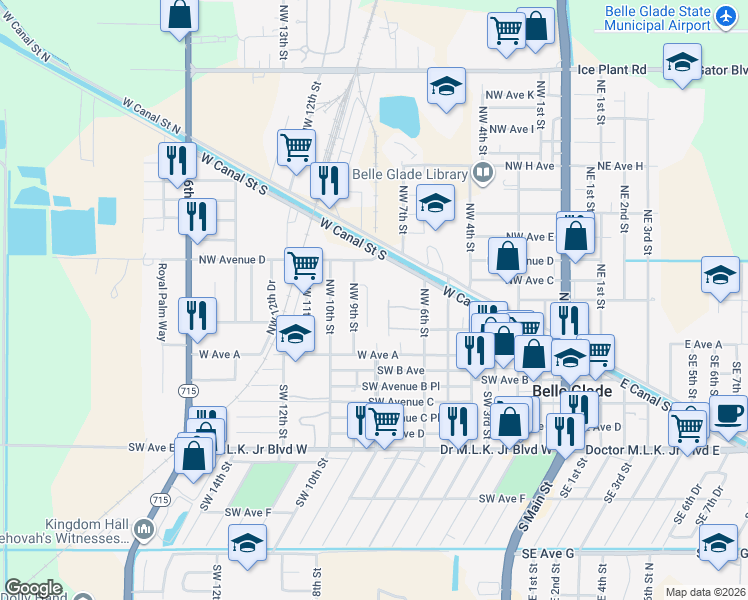 map of restaurants, bars, coffee shops, grocery stores, and more near 251 Noah Court in Belle Glade