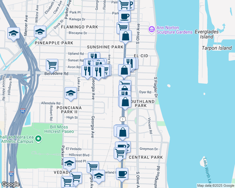 map of restaurants, bars, coffee shops, grocery stores, and more near 2811 South Dixie Highway in West Palm Beach