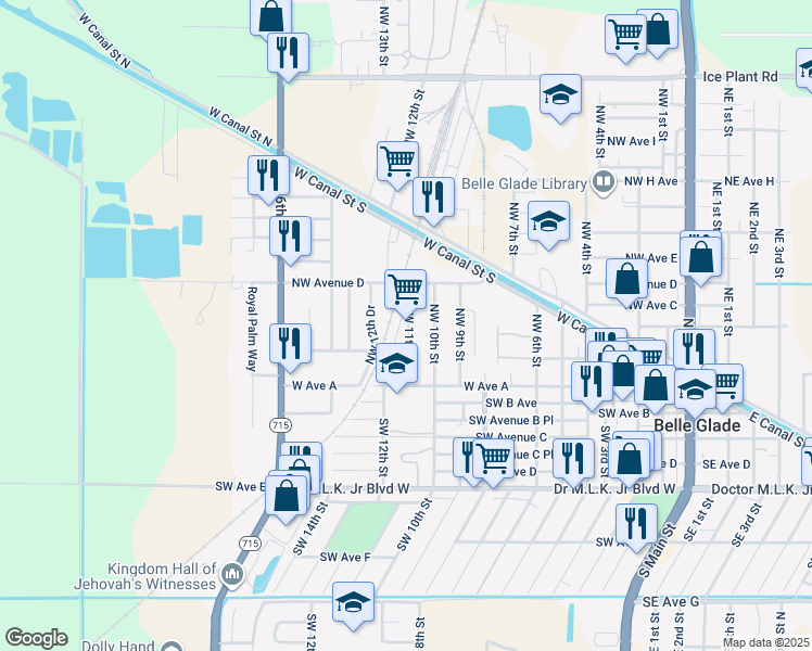 map of restaurants, bars, coffee shops, grocery stores, and more near 26 Northwest 11th Street in Belle Glade