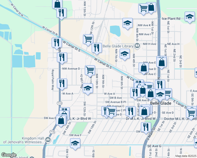 map of restaurants, bars, coffee shops, grocery stores, and more near 257 Northwest 10th Street in Belle Glade