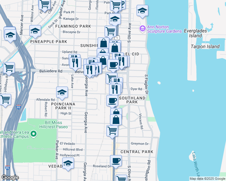 map of restaurants, bars, coffee shops, grocery stores, and more near 2811 South Dixie Highway in West Palm Beach