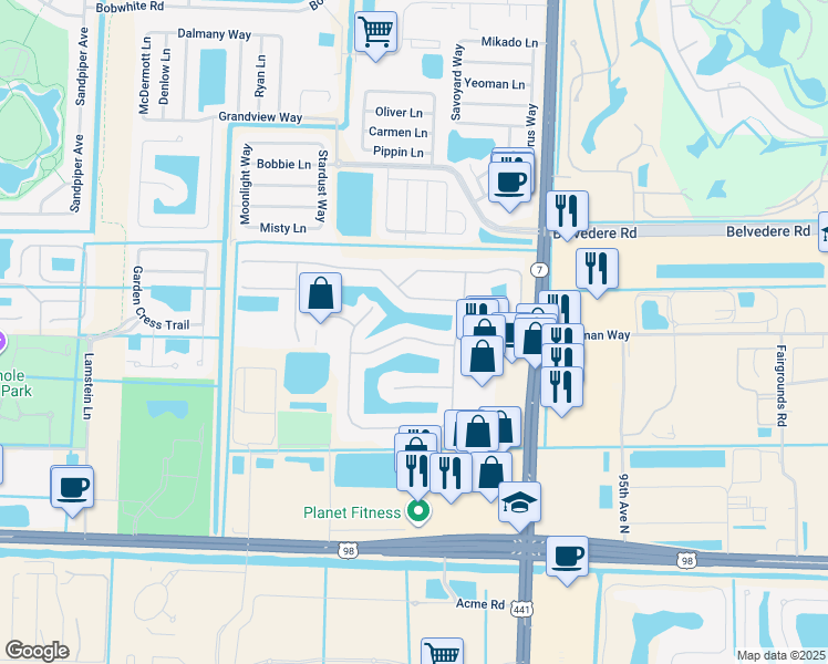 map of restaurants, bars, coffee shops, grocery stores, and more near 113 Tuscany Drive in Royal Palm Beach