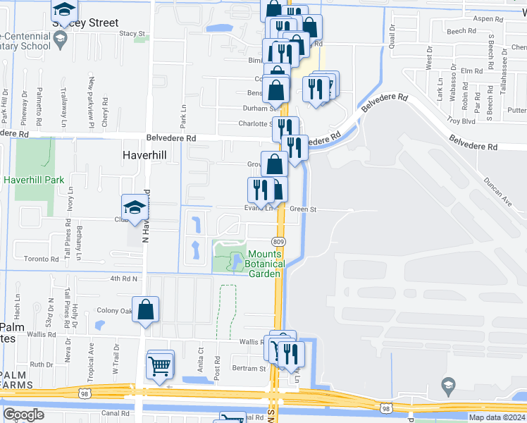 map of restaurants, bars, coffee shops, grocery stores, and more near 4627 Orleans Court in West Palm Beach
