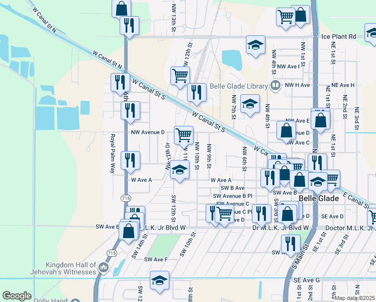 map of restaurants, bars, coffee shops, grocery stores, and more near 26 Northwest 11th Street in Belle Glade