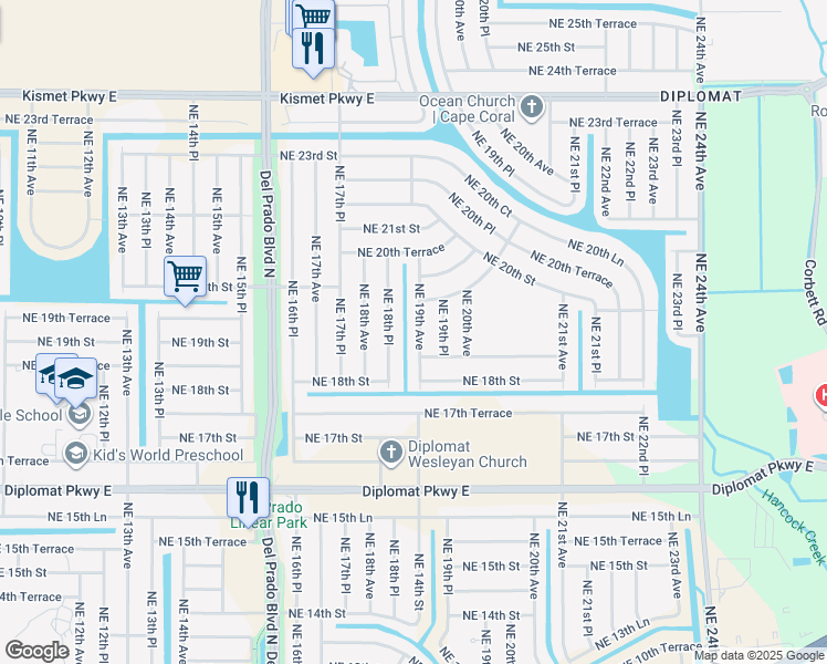 map of restaurants, bars, coffee shops, grocery stores, and more near 1828 Northeast 19th Avenue in Cape Coral