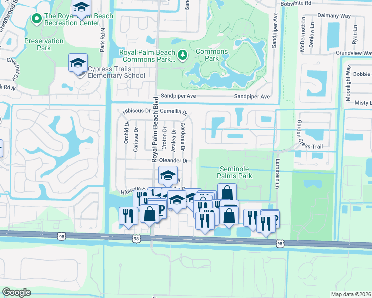 map of restaurants, bars, coffee shops, grocery stores, and more near 844 Gardenia Dr in Royal Palm Beach