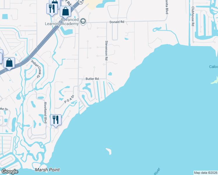 map of restaurants, bars, coffee shops, grocery stores, and more near 1818 Stevenson Road in North Fort Myers