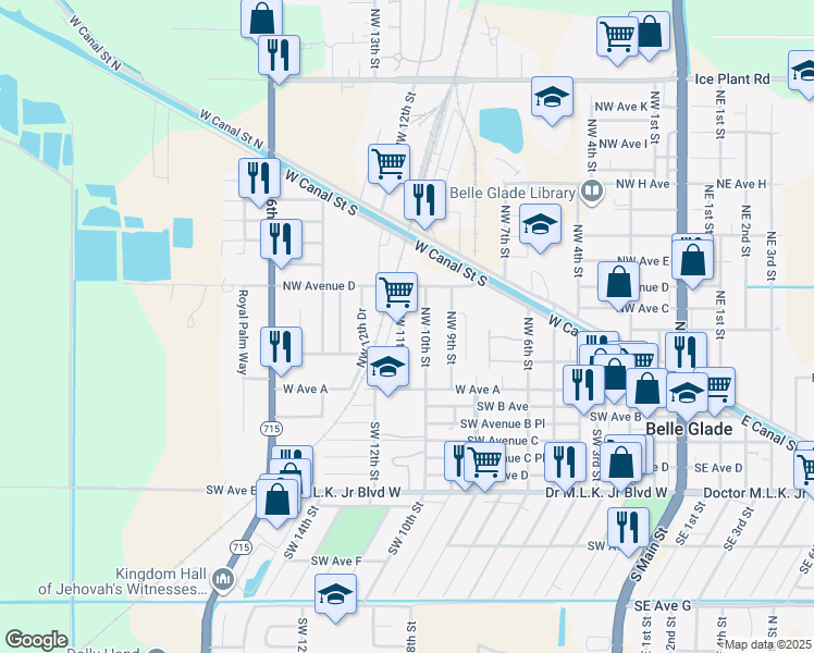 map of restaurants, bars, coffee shops, grocery stores, and more near 241 Northwest 11th Street in Belle Glade