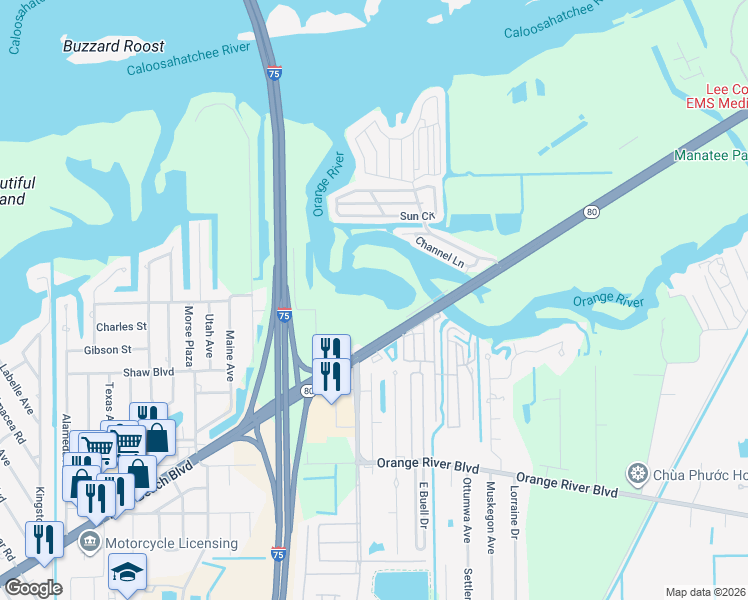 map of restaurants, bars, coffee shops, grocery stores, and more near 5605 Palm Beach Boulevard in Fort Myers