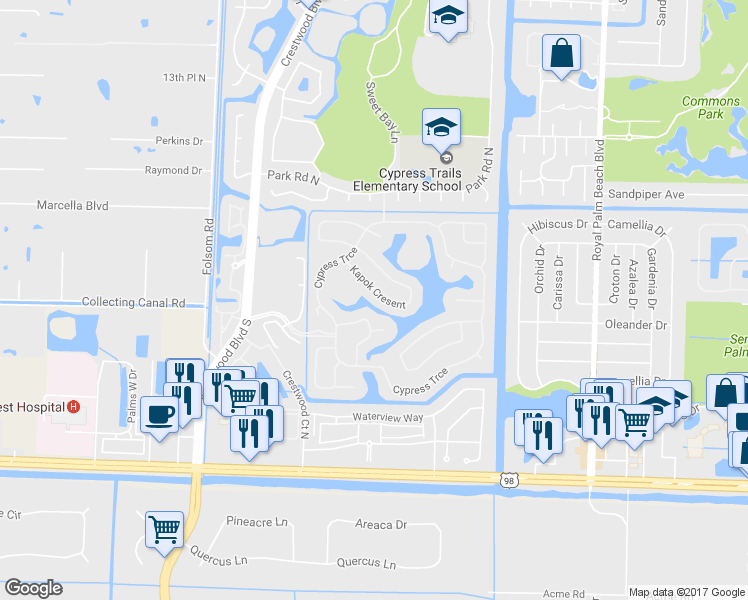 map of restaurants, bars, coffee shops, grocery stores, and more near 114 Kapok Crescent in Royal Palm Beach