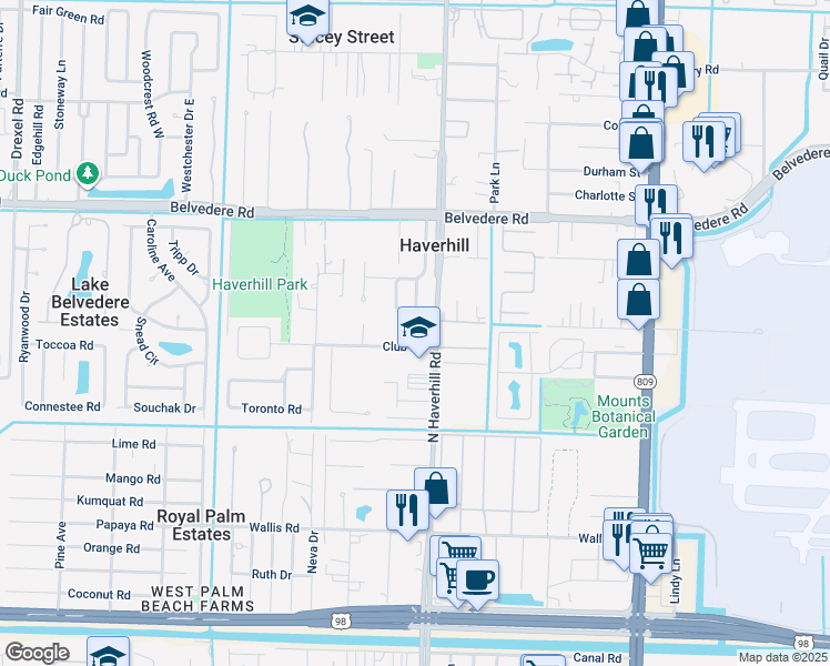 map of restaurants, bars, coffee shops, grocery stores, and more near 5051 Club Road in Haverhill