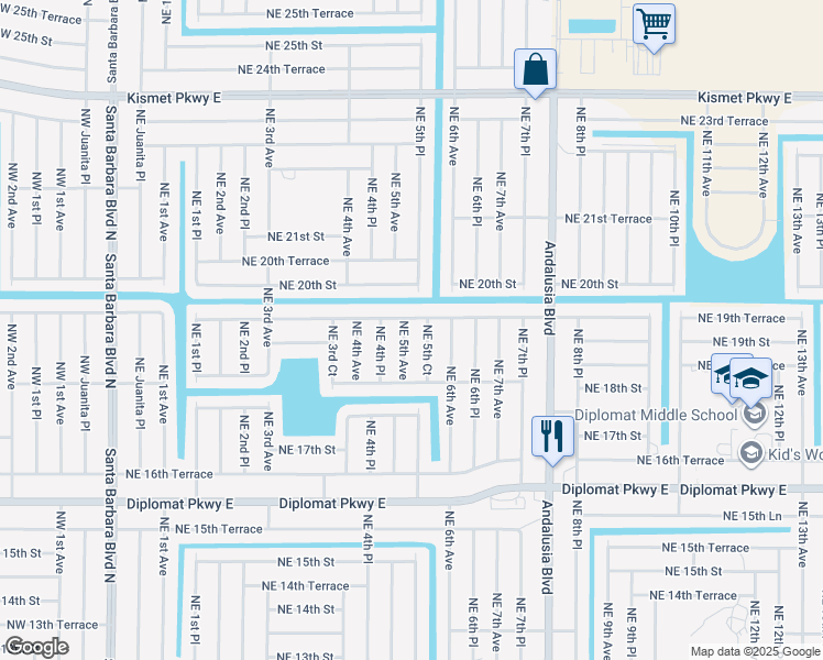 map of restaurants, bars, coffee shops, grocery stores, and more near 1904 Northeast 5th Avenue in Cape Coral