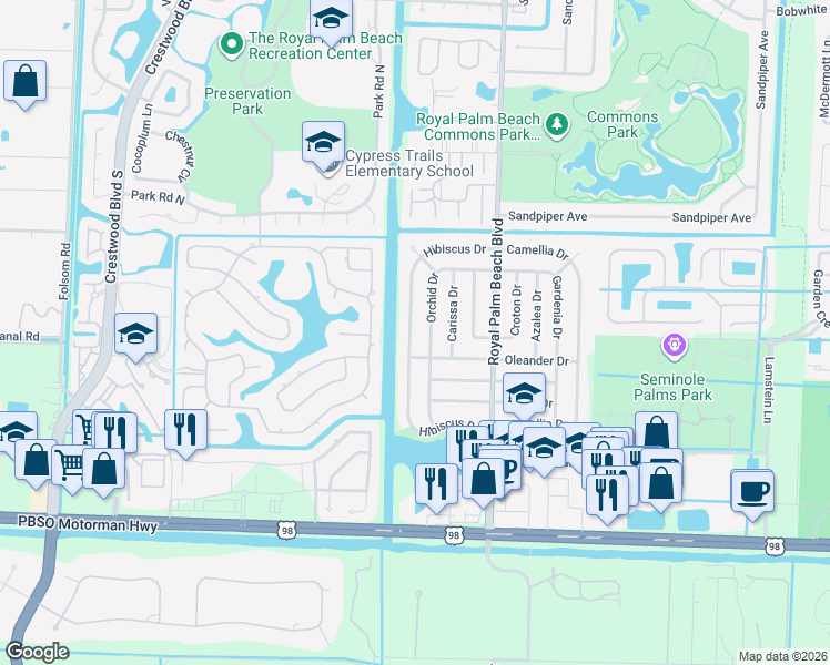 map of restaurants, bars, coffee shops, grocery stores, and more near 826 Hibiscus Drive in Royal Palm Beach