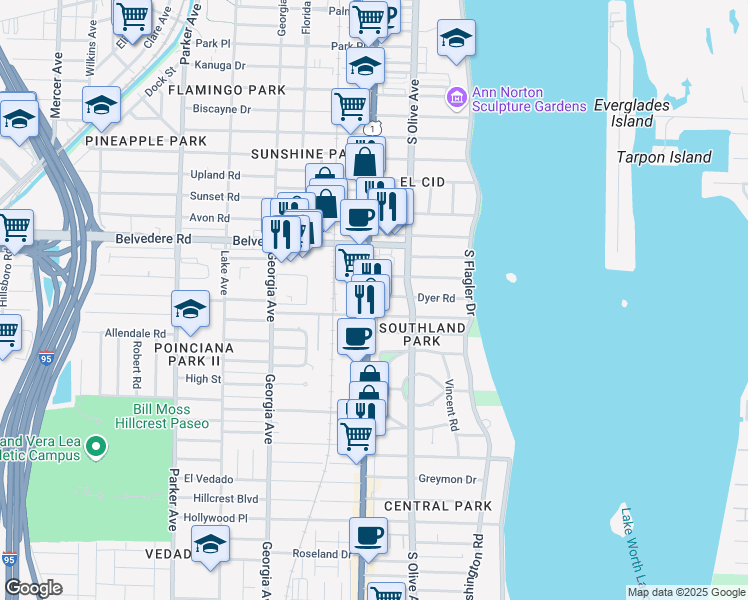 map of restaurants, bars, coffee shops, grocery stores, and more near 322 Dyer Road in West Palm Beach