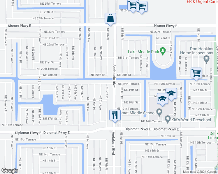 map of restaurants, bars, coffee shops, grocery stores, and more near 1905 Northeast 7th Place in Cape Coral