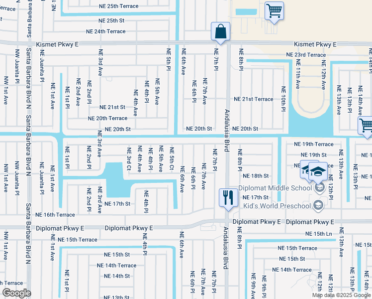 map of restaurants, bars, coffee shops, grocery stores, and more near 1905 Northeast 6th Place in Cape Coral