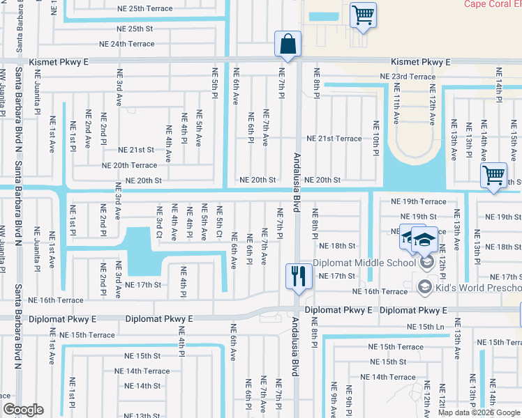 map of restaurants, bars, coffee shops, grocery stores, and more near 1908 Northeast 7th Avenue in Cape Coral