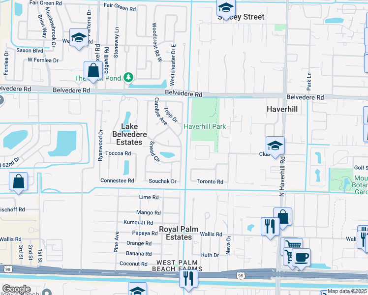 map of restaurants, bars, coffee shops, grocery stores, and more near 682 Caroline Avenue in West Palm Beach