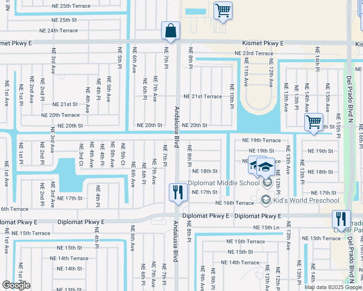 map of restaurants, bars, coffee shops, grocery stores, and more near 1835 Andalusia Boulevard in Cape Coral