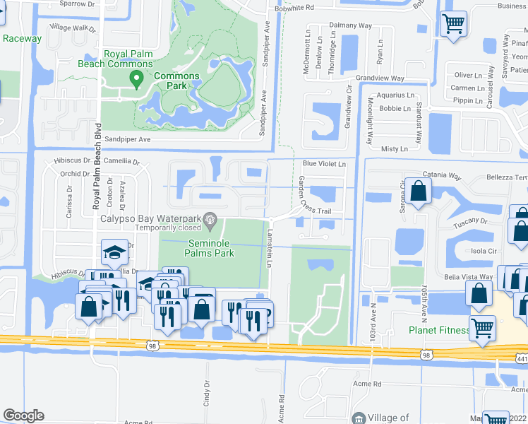 map of restaurants, bars, coffee shops, grocery stores, and more near 373 River Bluff Lane in Royal Palm Beach