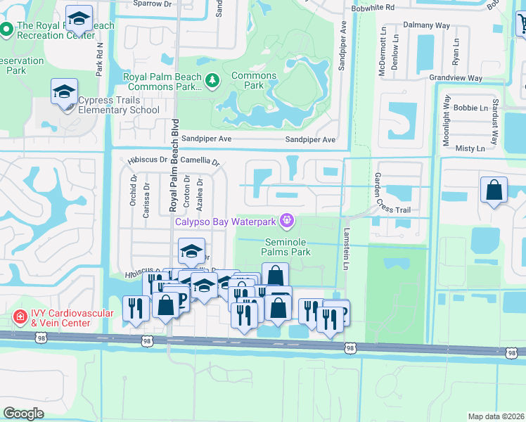 map of restaurants, bars, coffee shops, grocery stores, and more near 196 Seminole Lakes Drive in Royal Palm Beach