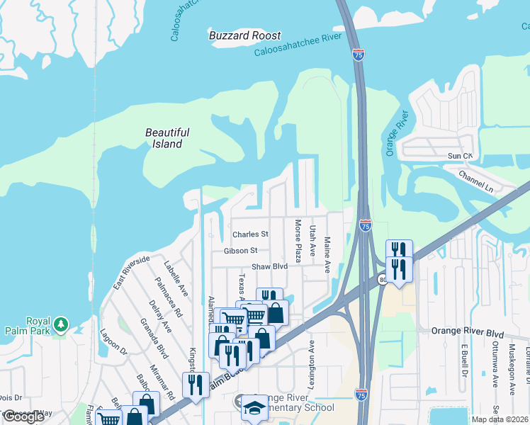 map of restaurants, bars, coffee shops, grocery stores, and more near 169 Coral Drive in Fort Myers