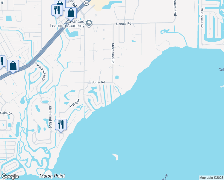 map of restaurants, bars, coffee shops, grocery stores, and more near 1818 Stevenson Road in North Fort Myers