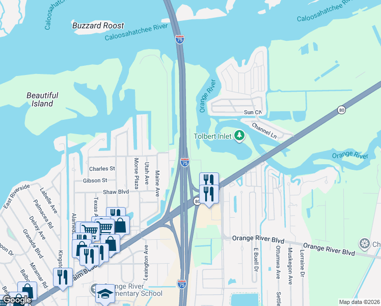 map of restaurants, bars, coffee shops, grocery stores, and more near 5351 Maynard Street in Fort Myers
