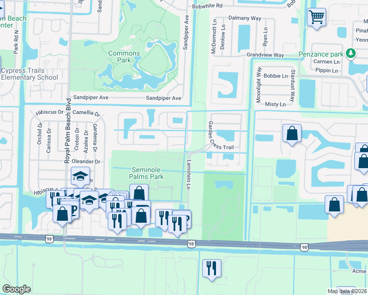 map of restaurants, bars, coffee shops, grocery stores, and more near 373 River Bluff Lane in Royal Palm Beach