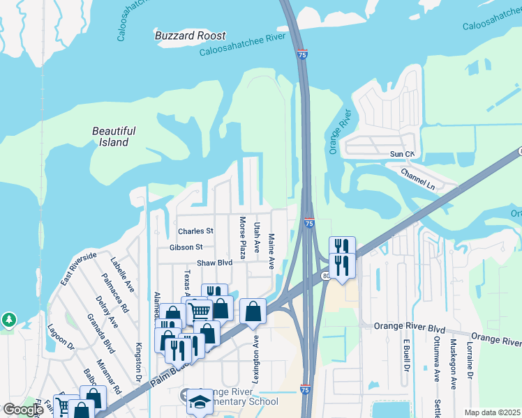 map of restaurants, bars, coffee shops, grocery stores, and more near 349 Coral Drive in Fort Myers
