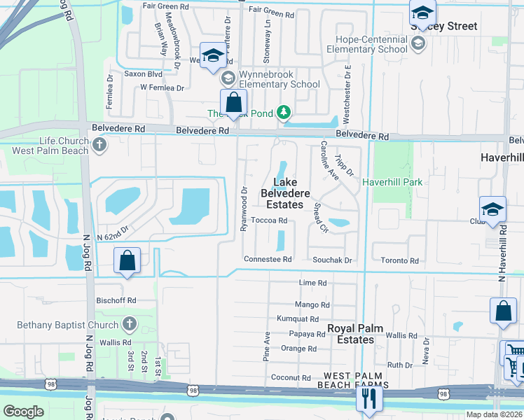 map of restaurants, bars, coffee shops, grocery stores, and more near 549 Toccoa Road in West Palm Beach