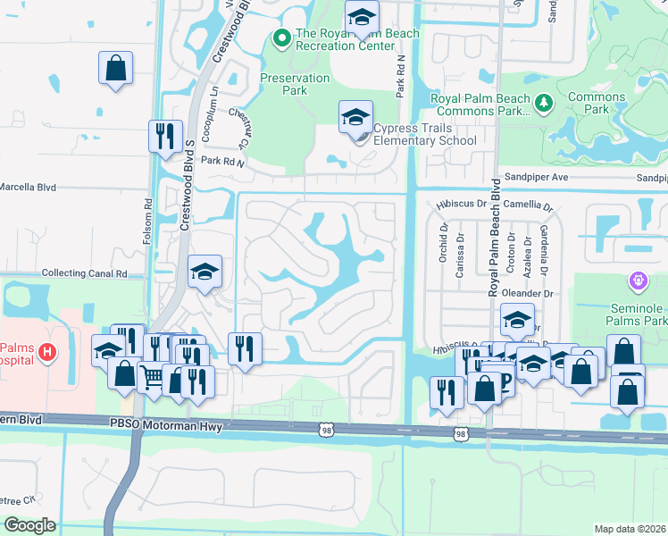 map of restaurants, bars, coffee shops, grocery stores, and more near 132 Kapok Crescent in Royal Palm Beach