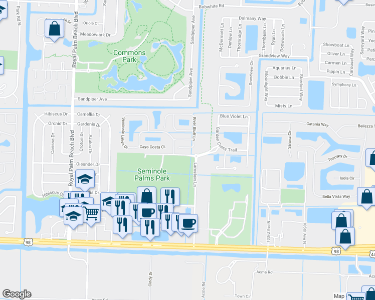 map of restaurants, bars, coffee shops, grocery stores, and more near 381 River Bluff Lane in Royal Palm Beach