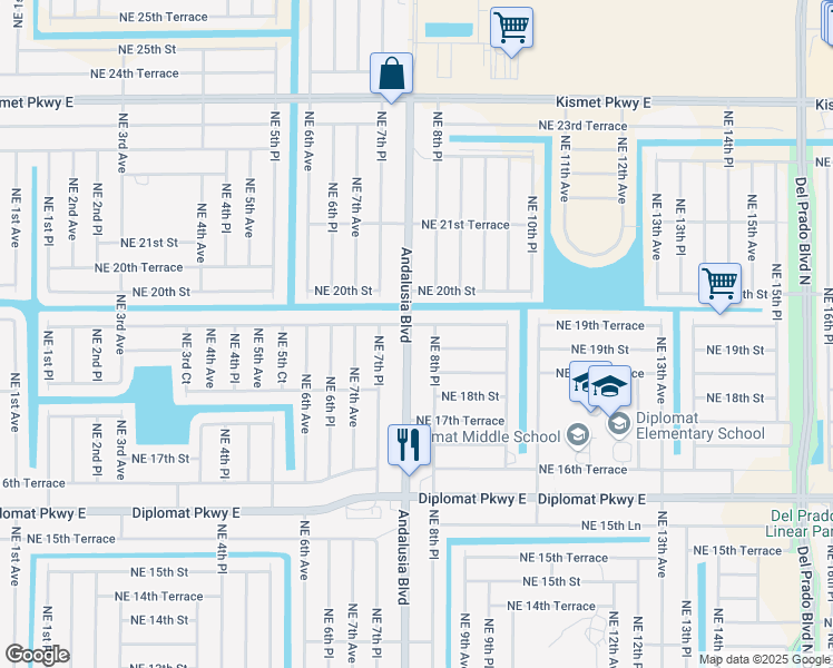 map of restaurants, bars, coffee shops, grocery stores, and more near 1909 Andalusia Boulevard in Cape Coral