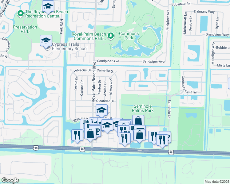 map of restaurants, bars, coffee shops, grocery stores, and more near 844 Gardenia Drive in Royal Palm Beach