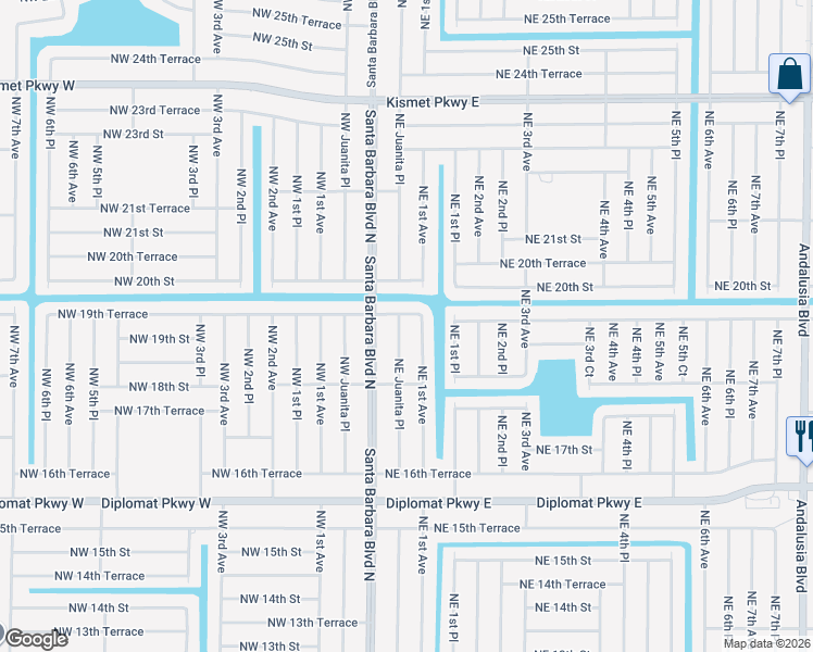 map of restaurants, bars, coffee shops, grocery stores, and more near 1904 Northeast Juanita Place in Cape Coral