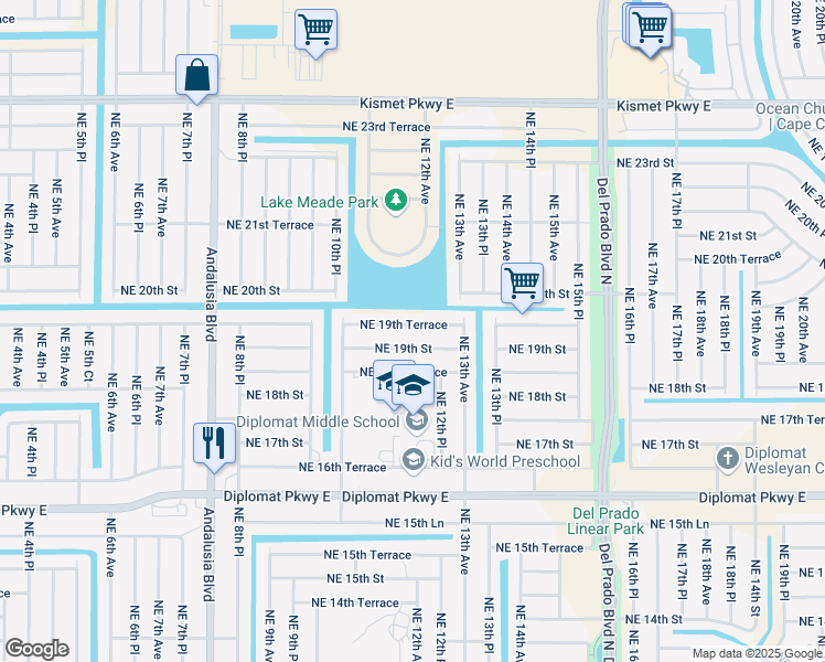 map of restaurants, bars, coffee shops, grocery stores, and more near 1130 Northeast 19th Terrace in Cape Coral